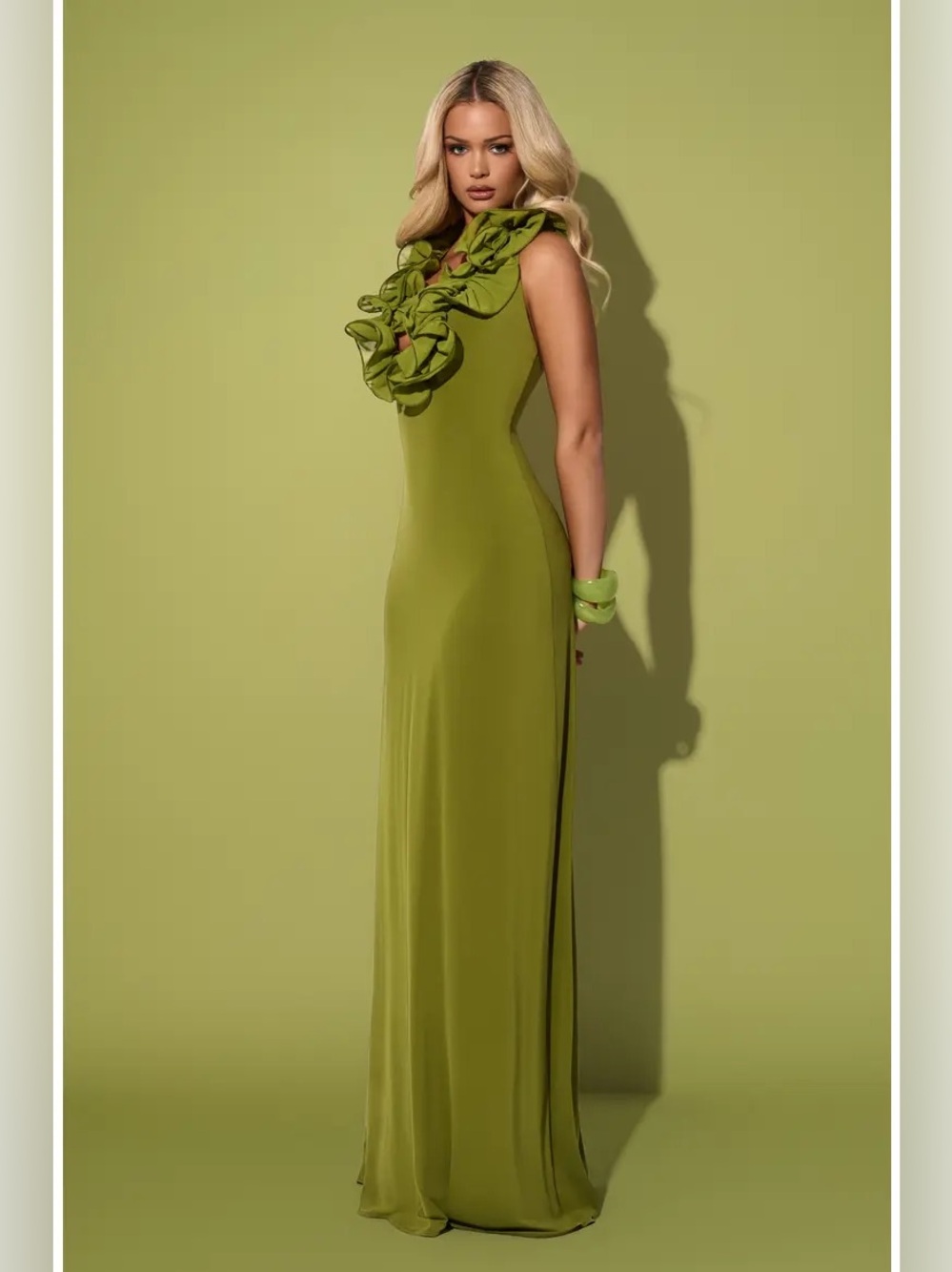 Naked Wardrobe Ruffle Plunge Halter Maxi Dress Mojito